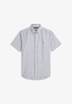 Kort mouwen overhemd met knopen, verticale witte en blauwe strepen, een button-downkraag en een klein logo aan de linkerkant van de borst.