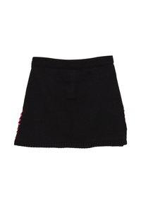 Gonna nera a maglia con vita a costine e dettaglio laterale con accenti rosa. Il design è a taglio dritto e arriva a metà coscia.