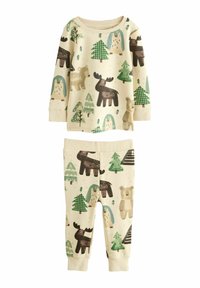 Dvojdielna pyžamová súprava s svetlokrémovým podkladom, potlačená lesnými zvieratami a stromami v odtieňoch hnedej a zelenej. Mäkká, elastická tkanina.
