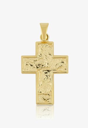 Goldener Kreuzanhänger mit strukturierter, unebener Oberfläche und polierten abgeschrägten Kanten, Aufhängeöse oben, auf weißem Hintergrund reflektiert.