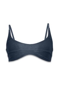Námornícky modrý bikiny horný diel s hladkým, lesklým povrchom. Obsahuje tenké popruhy a minimalistický dizajn, vhodný pre rôzne štýly plaviek.
