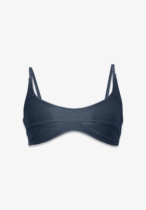 Tumedat sinine bikiiniväljak, millel on sile ja läikiv tekstuur. Omab õhukesi rihmasid ja minimalistlikku disaini, sobides erinevate ujundusstiilide jaoks.