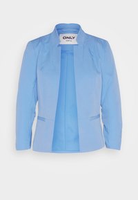 Lichtblauwe op maat gemaakte blazer met een Mandarin-kraag, twee voorzakken, op maat gemaakte naden en een gladgestreken textuurafwerking. Merkenlabel zichtbaar aan de binnenkant.