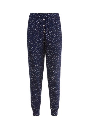 Navy blue pajama pants with beige star patterns, elastic waistband, button fly, and elastic cuffs at ankles.