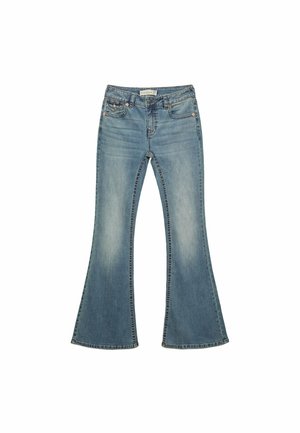 Flared blue denim jeans with a faded finish, five pockets, and subtle contrast stitching on a smooth, sturdy fabric.