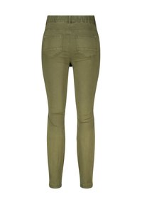 Olijfgroene skinny jeans met een rekbare tailleband, twee achterzakken en een gladde, textuurstof.