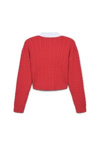 Roter gestrickter Pullover mit Zopfmuster, verkürztem Design und weißem Rippenkragen. Lange Ärmel und gerippter Bund.