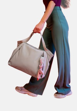 Gray soft fabric tote bag with a satin-like finish, featuring short handles and a pink ribbon accent attached to the zipper.