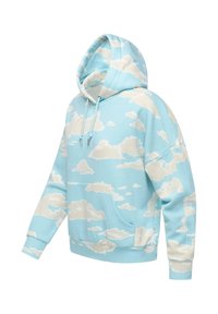 Bluza z kapturem w jasnoniebieskim kolorze z chmurkowymi wzorami. Posiada kieszeń typu kangur, sznurki oraz ściągacze. Miękka struktura materiału.