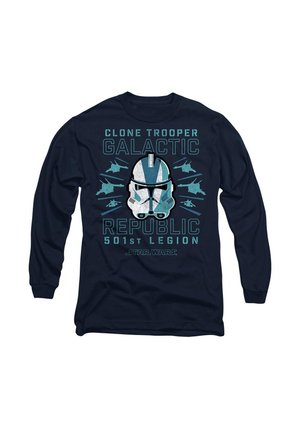 Langärmliges navyblaues Shirt mit einem Grafikdesign eines Clone Trooper-Hauses, ergänzt durch türkisfarbene Akzente und den Text: "Clone Trooper Galaktische Republik 501st Legion."