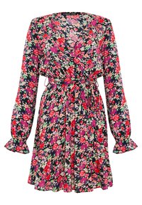 Blumiges Wickelkleid mit langen Ärmeln, das einen dunklen Hintergrund und lebendige rosa, lila und grüne Blumenmuster zeigt. Taillierte Detail mit Gürtelschnalle.