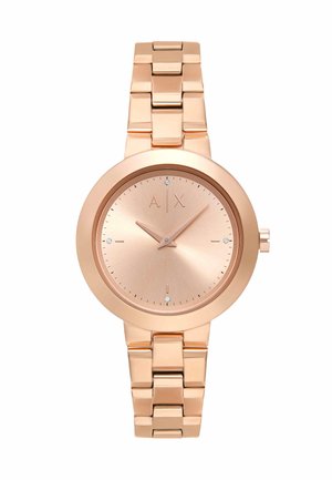 Horloge van roségoudkleurig metaal met schakelband, minimalistische wijzerplaat met de merkinitialen A|X en kleine kristallen uurmarkeringen op 12, 3, 6 en 9 uur.