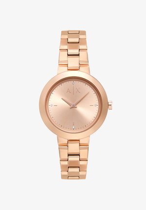 Armbanduhr aus roségoldfarbenem Metall mit Gliederarmband, minimalistischem Zifferblatt mit den Markeninitialen A|X und kleinen Kristall-Stundenmarkierungen bei 12, 3, 6 und 9 Uhr.