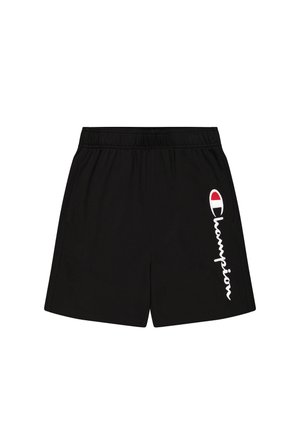 Black athletic shorts made of soft fabric, featuring an elastic waistband and a white "Champion" logo on the left side.