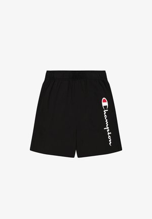 Pantalones cortos deportivos negros hechos de una tela suave, con una cinturilla elástica y un logo blanco de "Champion" en el lado izquierdo.