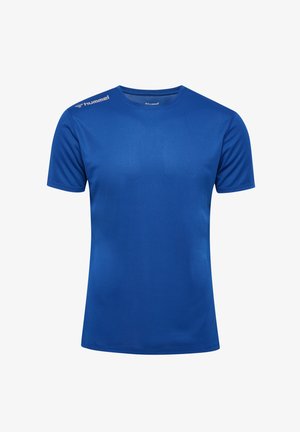 Blauwe sportieve t-shirt van vochtregulerend materiaal, met een ronde hals, korte mouwen en een gestructureerd oppervlak met het merklogo op de schouder.