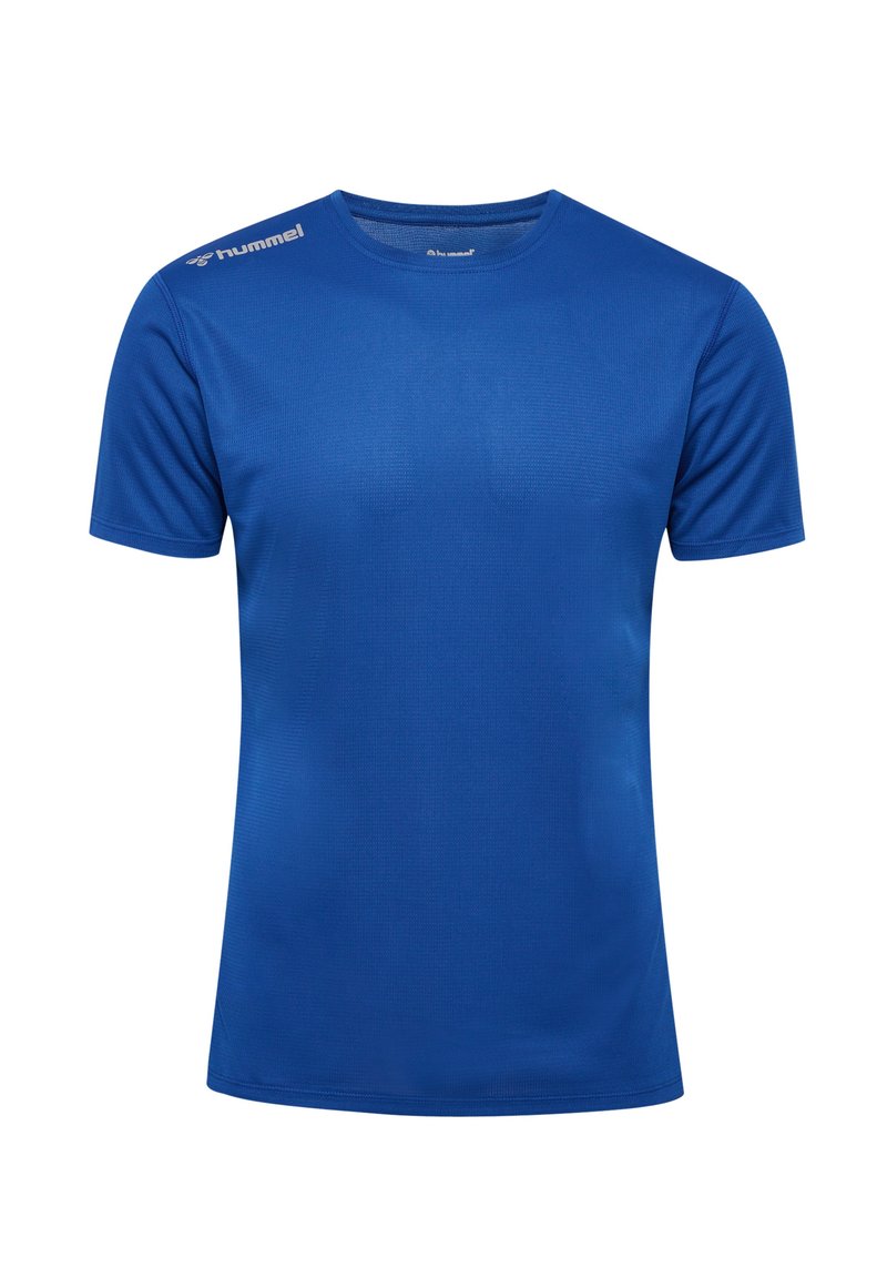 Blauwe sportieve t-shirt van vochtregulerend materiaal, met een ronde hals, korte mouwen en een gestructureerd oppervlak met het merklogo op de schouder.