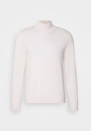Suéter de gola alta rosa claro com mangas longas, textura suave, gola e punhos canelados, apresentando um design clássico e ajustado.