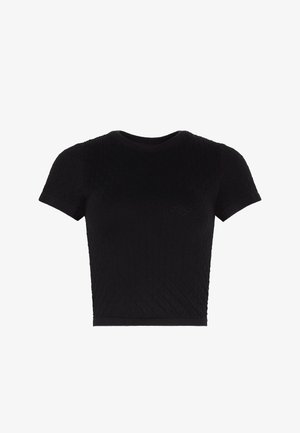 Haut court matelassé à manches courtes noires avec encolure ronde et motif diamant texturé sur le tissu.