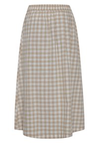 Harmaa ja valkoinen ruudullinen hame, jossa on joustava vyötärö, valmistettu kevyestä kankaasta, rento malli ja polvipituinen muotoilu.
