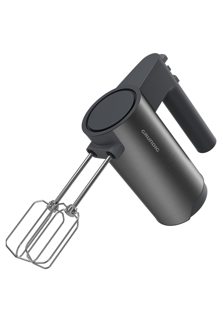 Grauer elektrischer Handmixer mit Rührbesen aus Edelstahl, ergonomischem schwarzen Griff, rundem Bedienfeld und einem schlanken, modernen Design.