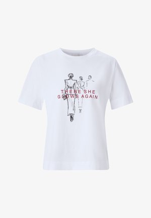 Tricou alb din bumbac cu mâneci scurte, având o ilustrație în stil desen cu linie neagră a trei figuri pe spate și text roșu "DIN NOU STRĂLUCEȘTE."