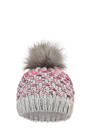 Graham gestrickte Wintermütze mit pinken Akzenten und einem großen grauen Kunstfell-Pompon oben, ausgestattet mit einem kleinen Stoffmarkenschild.