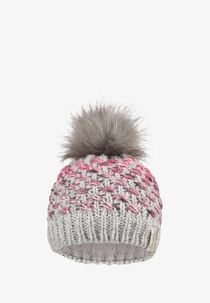 Gray knitted winter hat with pink accents and a large gray faux fur pom-pom on top, featuring a small fabric brand tag.