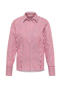 Maglietta a maniche lunghe a righe rosse e bianche con colletto, chiusura frontale con bottoni e polsini a righe a contrasto. Tessuto dalla superficie liscia.