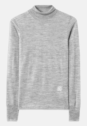 Gray turtleneck sweater made of a soft, textured fabric. Features long sleeves and a small white logo near the hem.