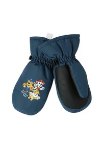 Muffole blu con polsini elasticizzati presentano un design stampato di personaggi dei cartoni animati. I palmi hanno una superficie di presa nera testurizzata.