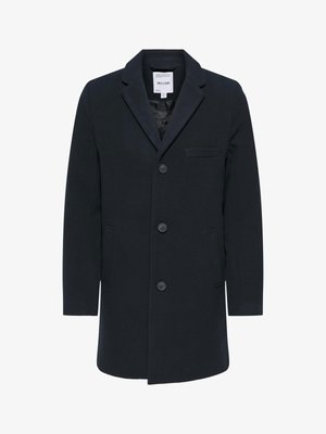 Marineblå uldblandingsfrakke med klapkrave, tre knaplukninger, forlommer og brystlomme. Glat tekstur, skræddersyet pasform, mellemlang.