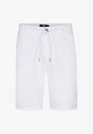 Weiße Leinenkurze Hosen mit elastischem Bund und Kordelzug, seitlichen Taschen und entspannter Passform, minimalistisches Design.