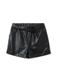 Pantaloni shorts in ecopelle neri con vita regolabile, fascia elastica, tasche laterali, risvolti e superficie liscia.