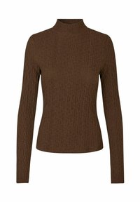 Braunfarbener Langarm-Top mit einem hohen Kragen, das ein strukturiertes Muster aufweist. Hergestellt aus weichem, elastischem Stoff mit einer figurbetonten Silhouette.