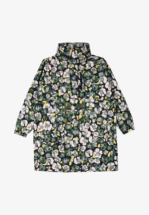 Impermeabile a fantasia floreale con una combinazione di colori verde, bianco e giallo, due tasche frontali e un colletto alto con zip.