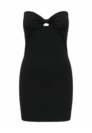 Melnā strapless kleita, izgatavota no elastīga auduma, ar loku detalizāciju krūtīs un apli izgriezumu. Pieguļošs dizains.