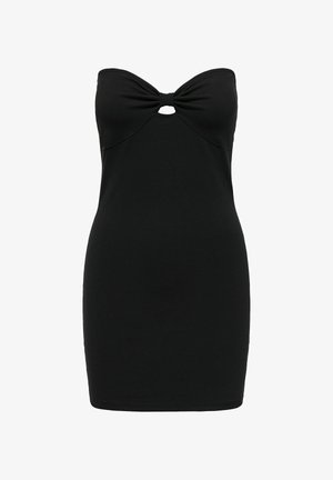 Melnā strapless kleita, izgatavota no elastīga auduma, ar loku detalizāciju krūtīs un apli izgriezumu. Pieguļošs dizains.