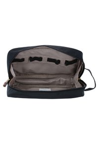 Borsa nera con cerniera e un interno di colore chiaro. Presenta diverse tasche e cinghie interne per l'organizzazione. Texture liscia, forma rettangolare.