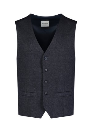 Gilet gris foncé en tissu texturé, avec un col en V, une fermeture à cinq boutons à l'avant et deux poches à l'avant. Intérieur doublé.