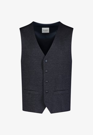 Donkergrijs vest van gestructureerde stof, met V-hals, vijfknopssluiting en twee voorzakken. Gevoerde binnenkant.