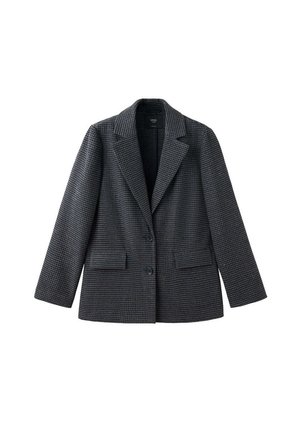 Blazer gris oscuro con estampado de pata de gallo, solapas con muesca, dos botones, mangas largas y dos bolsillos delanteros con solapa, colocado plano sobre un fondo blanco.