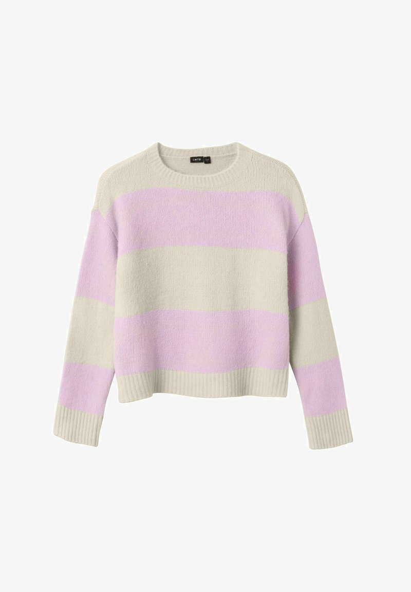 Pull tricoté à larges rayures horizontales crème et violet clair, à manches longues et col rond.