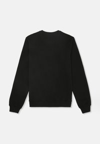 Felpa nera con maniche lunghe, scollatura rotonda e polsini e orlo a costine. Tessuto liscio, design semplice, senza decorazioni visibili.