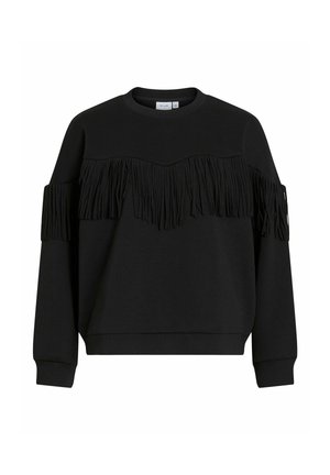 Sweat-shirt noir avec un design à frange texturée sur le devant et les manches, col rond et poignets côtelés. Coupe standard.