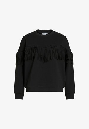 Sweat-shirt noir avec un design à frange texturée sur le devant et les manches, col rond et poignets côtelés. Coupe standard.