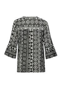 Schwarz-weiße gemusterte Bluse mit Glockenärmeln, die geometrische Designs und eine insgesamt lockere Passform aufweist. Strukturierter Stoff mit kontrastierenden Akzenten.