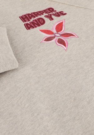 Gray sweatshirt featuring "HARPER AND YVE" text in dark red and a floral design with pink and red petals. Soft, textured fabric.