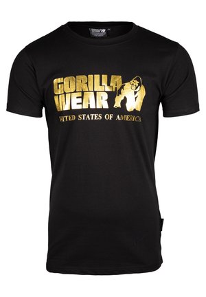 Black cotton t-shirt featuring gold print with "GORILLA WEAR" and "UNITED STATES OF AMERICA." Crew neck, short sleeves, simple design.