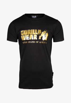 Zwarte katoenen T-shirt met gouden opdruk van "GORILLA WEAR" en "UNITED STATES OF AMERICA." Ronde hals, korte mouwen, eenvoudig ontwerp.